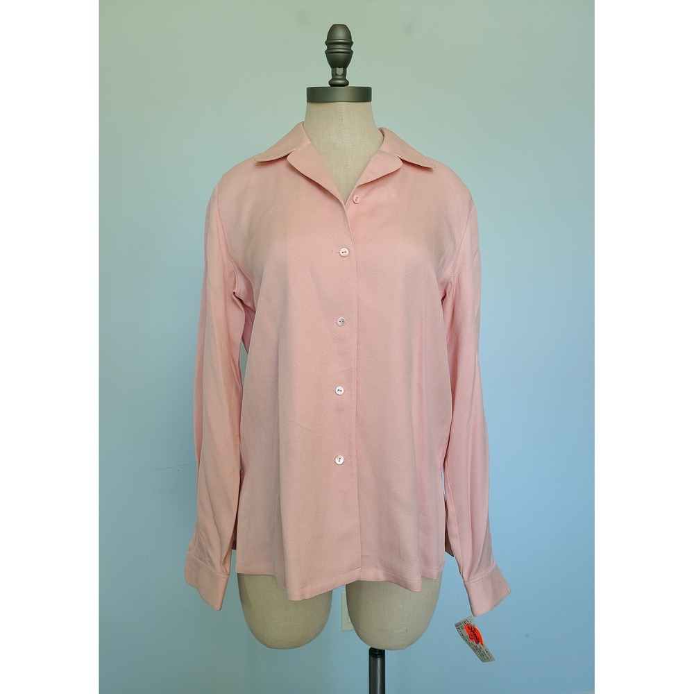 7th Avenue West Sz 6 Button Up Top 70s Pink Silk Wool Deadstock Retro Secretary